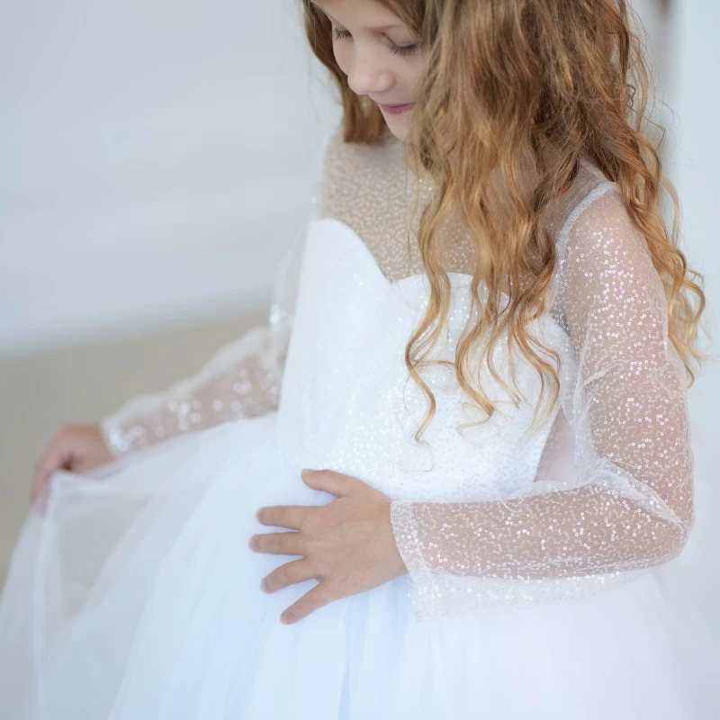 White Flower Girl Dresses Tulle Puffy Sequin With Appliques Tailing Long Sleeve For Wedding Birthday Party First Communion Gowns