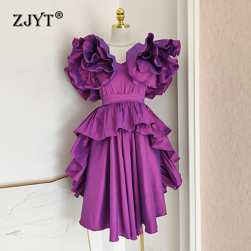 

ZJYT Ruffles Patchwork V Neck Mini Party Dresses for Women Summer Fashion 2024 Purple Irregular Vestidos Elegantes Para Mujeres