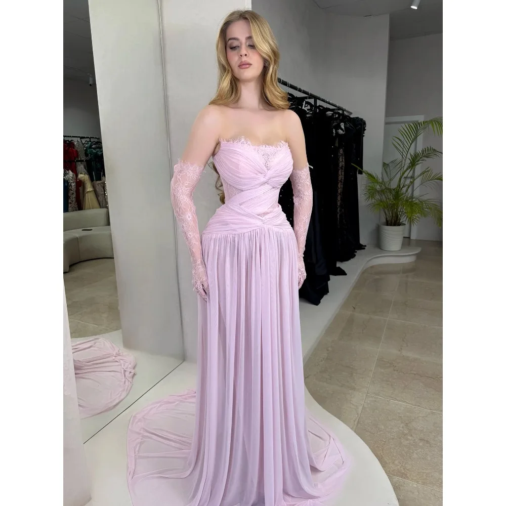 

Pink Chiffon Evening Dresses Charming Lace A Line Prom Gowns Long Sleeves Floor Length Customized Special Occasion Dresses
