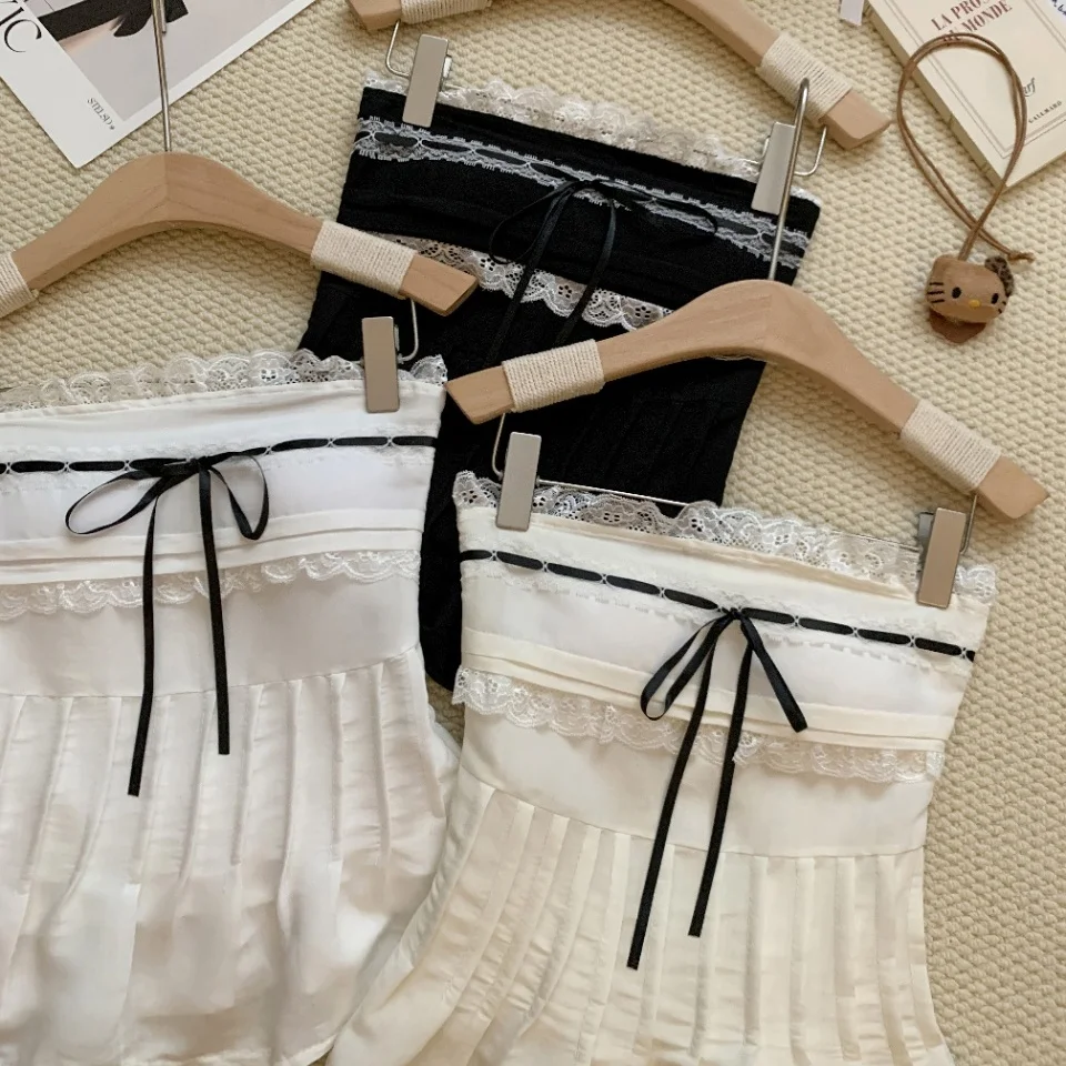 Summer New Pure Desire Lace Trim  Knot One Shoulder Vest Women's Fixed Strap Chest Pad Top Elegant Short Style