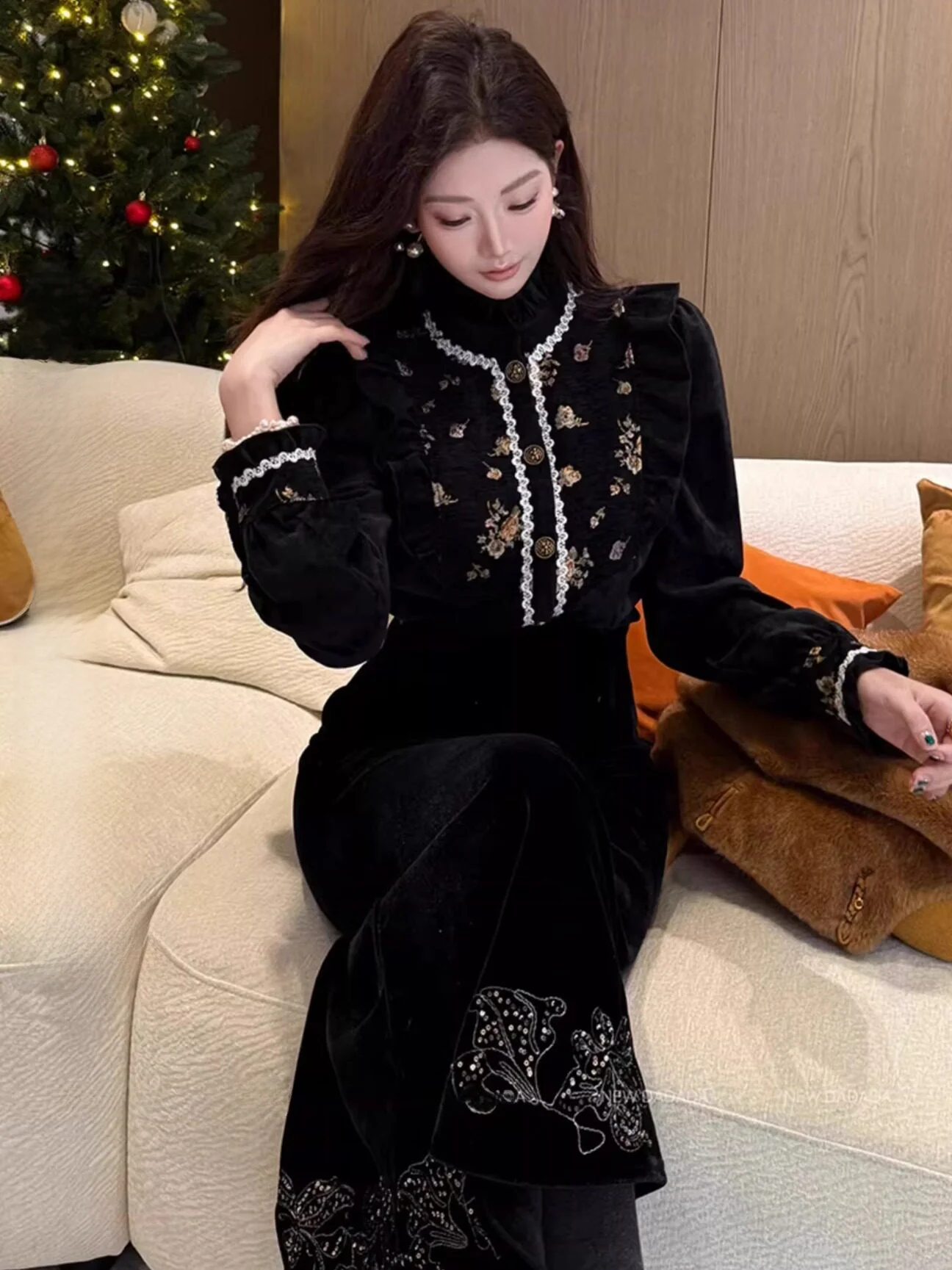 

Faionable Casual Versatile irt Lida New Dadada Rose Gold Embellied YUM4287 Straight Cut Polyester Fiber Long Sve Kni...