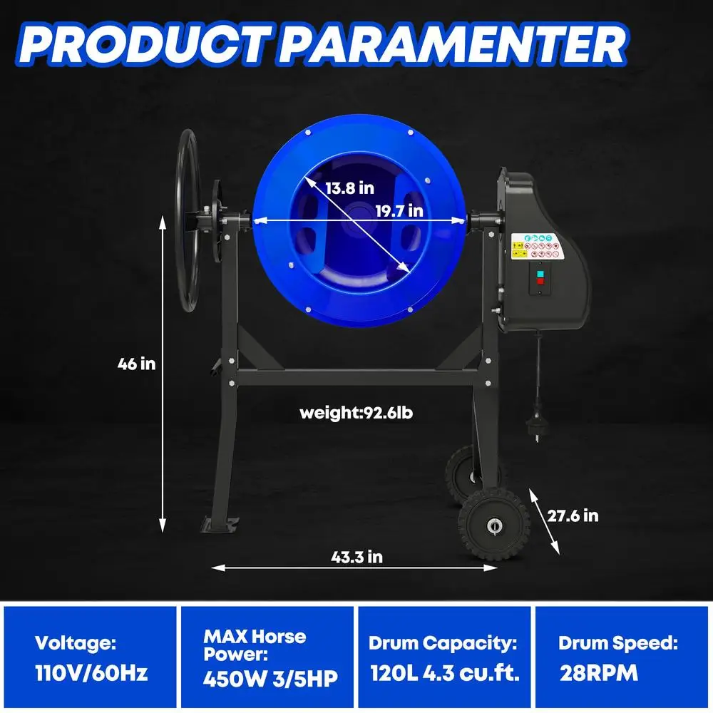 Miscelatore elettrico portatile per cemento 120L 4,3 piedi cubi 450W 3/5HP con ruota e supporto per mescolare Stucco Grigio