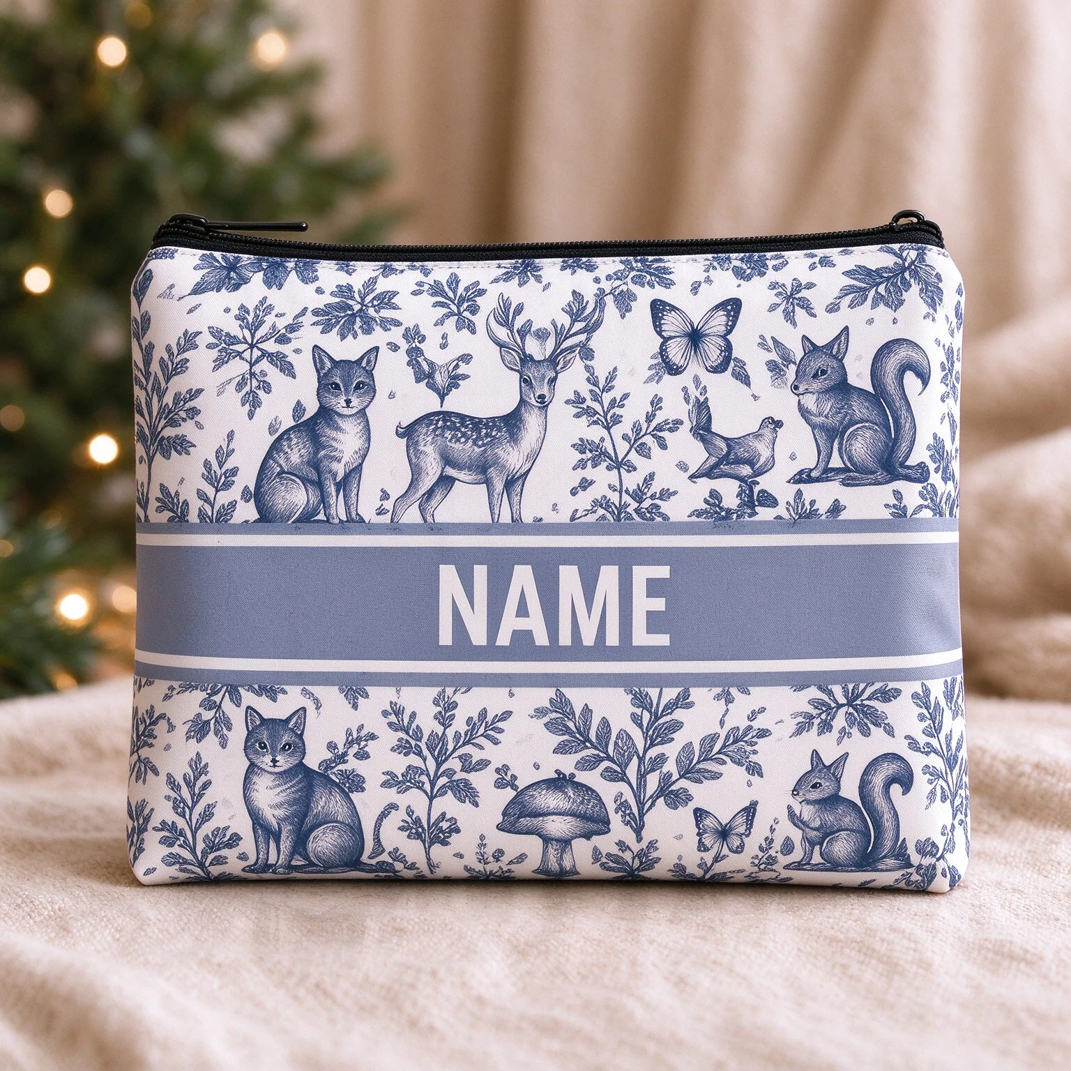 Personalized Woodland Animal Makeup Bag Custom Name Cosmetic Pouch Deer Cat Squirrel Butterfly Travel Toiletry Bag Women