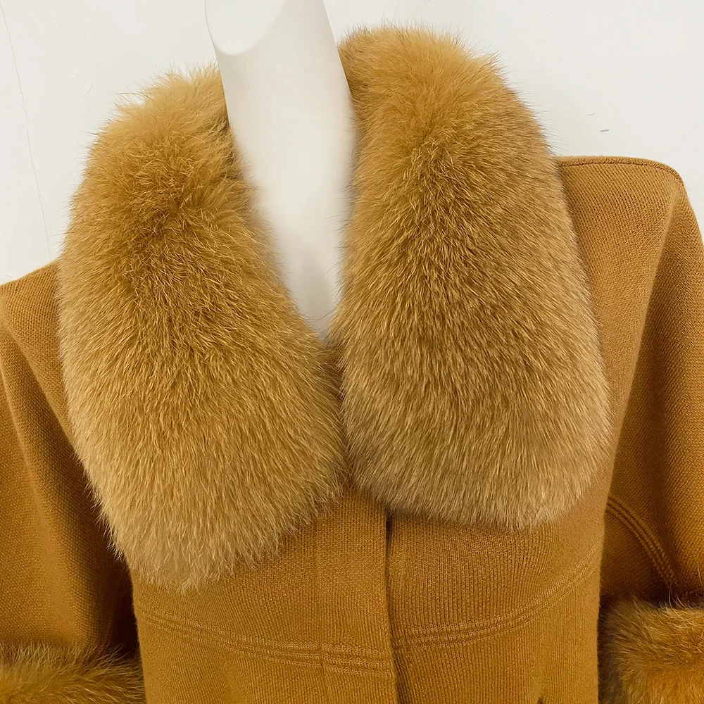 OFTBUY Herbst-Oberbekleidung für Damen, Kurze Batwing-Strickjacke mit Echtfuchs-Pelzkragen und -Manschetten, Kurzer Strickmantel für Damen – Detail 4