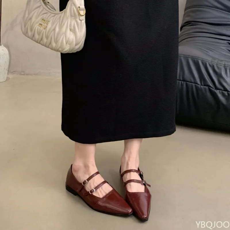Scherpe puntige ondiepe mond elegante eenvoudige damesschoenen lente modieuze veelzijdige flats comfortabele gesp damesschoenen