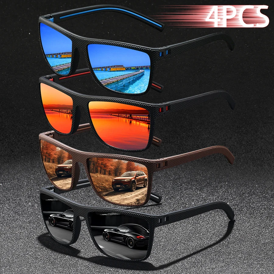 4PCS Outdoor Leisure Fashion Vintage Check Square Sunglasses For Men Women Driving Fishing Fashion Brand Design Sun Glasses  ﻿