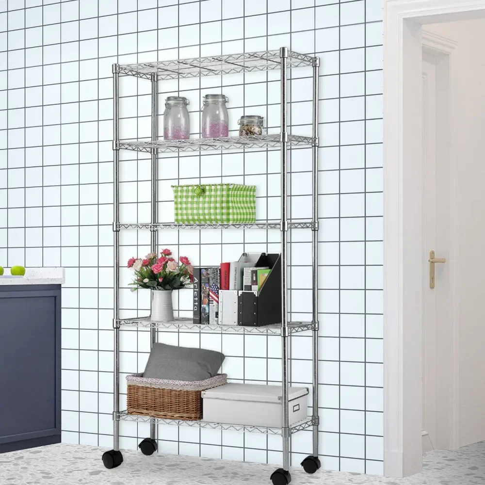

5-Layer Chrome Plated Iron Shelf with 1.5" Nylon Wheels 165*90*35 Chrome，Storage Shelves & Racks