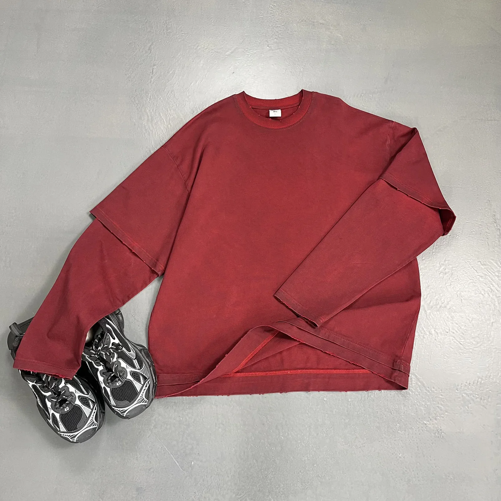 2024 Batik-gefälschtes zweiteiliges Langarm-T-Shirt für Männer Vintage gewaschenes trendiges Distressed-Sweatshirt Frauen übergroße Kleidung