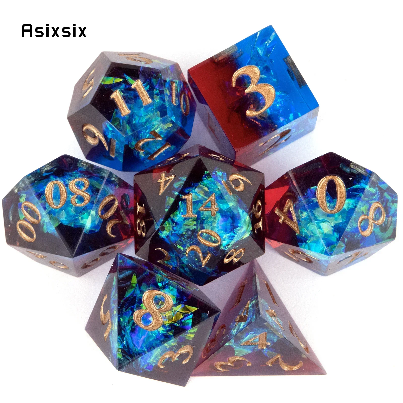 

7 Pcs Blue Red Resin Golden Number Sharp Edge Dice Polyhedral Dice Suitable For Role-Playing Dice PropBoard Game