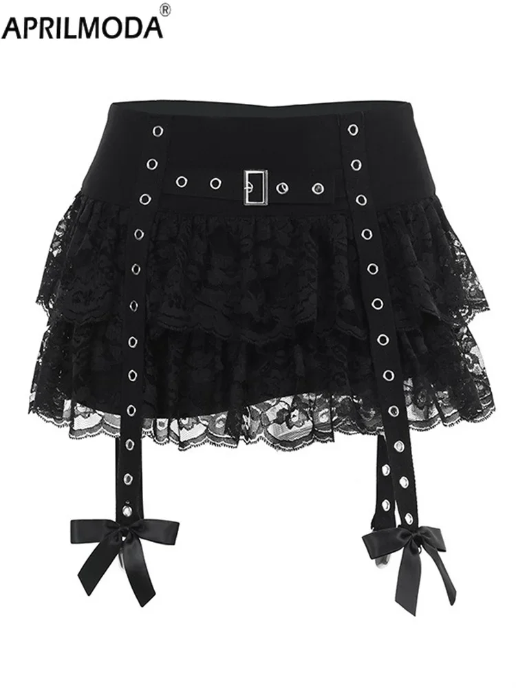 Nero Sexy Lace Emo Vintage Kpop gonna Ruffle 2024 Gothic Y2K Kawaii Lolita Cake minigonna Harajuku gonna Set