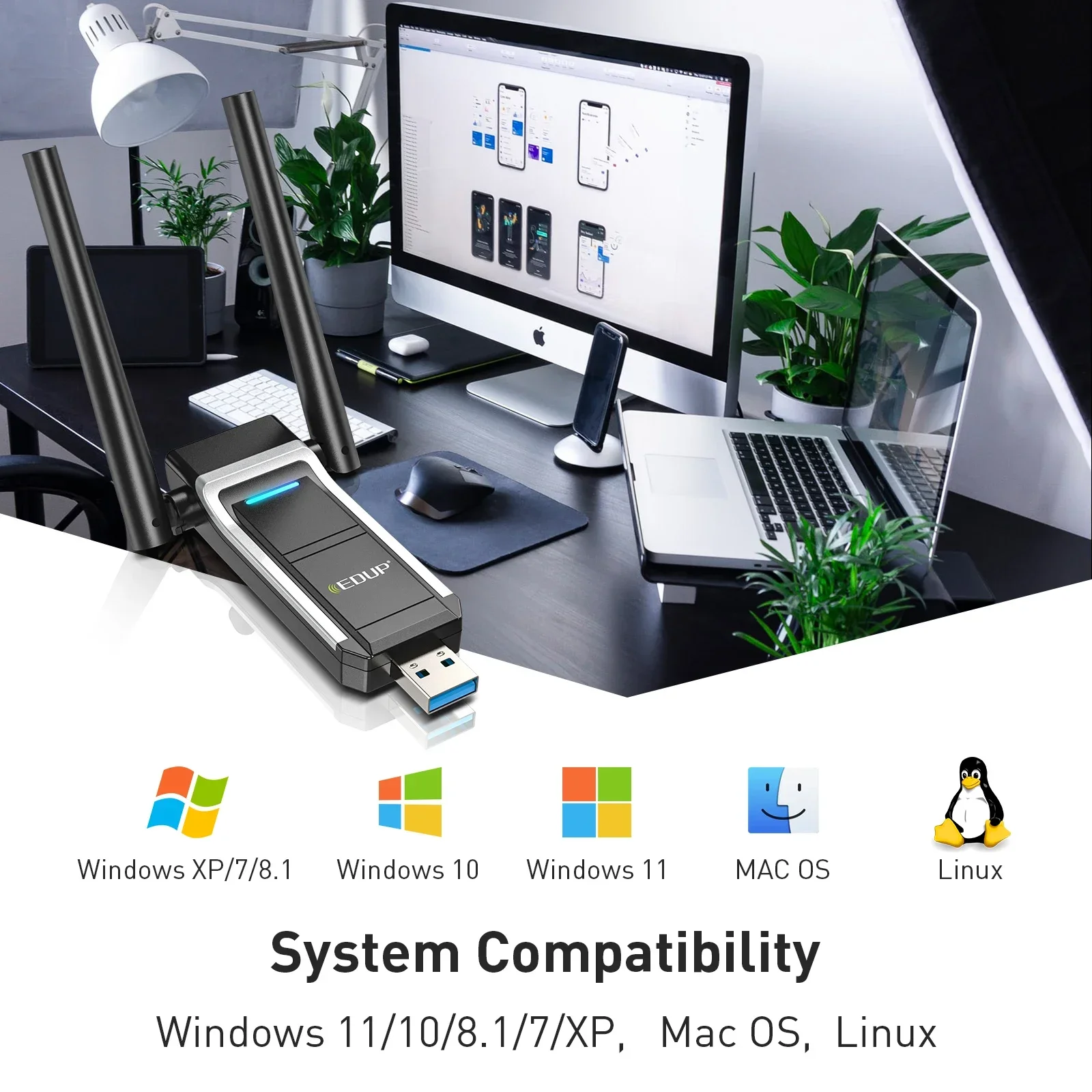 EDUP USB واي فاي محول 1300Mbps لاسلكي واي فاي لينة AP ثنائي النطاق بطاقة الشبكة واي فاي دونغل استقبال هوائي خارجي للكمبيوتر