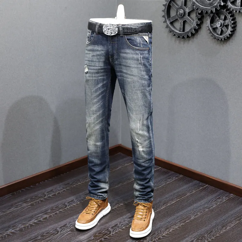 Fashion Designer Men Jeans High Quality Retro Washed Blue Stretch Slim Fit Ripped Jeans Men Vintage Casual Denim Pants Hombre