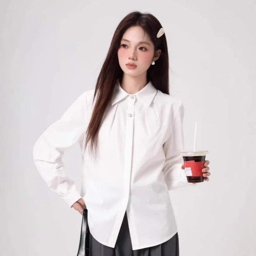 

Новая женская рубашка с длинным рукавом, весна 2025, однотонная, тонкая, универсальная, для повседневной носки