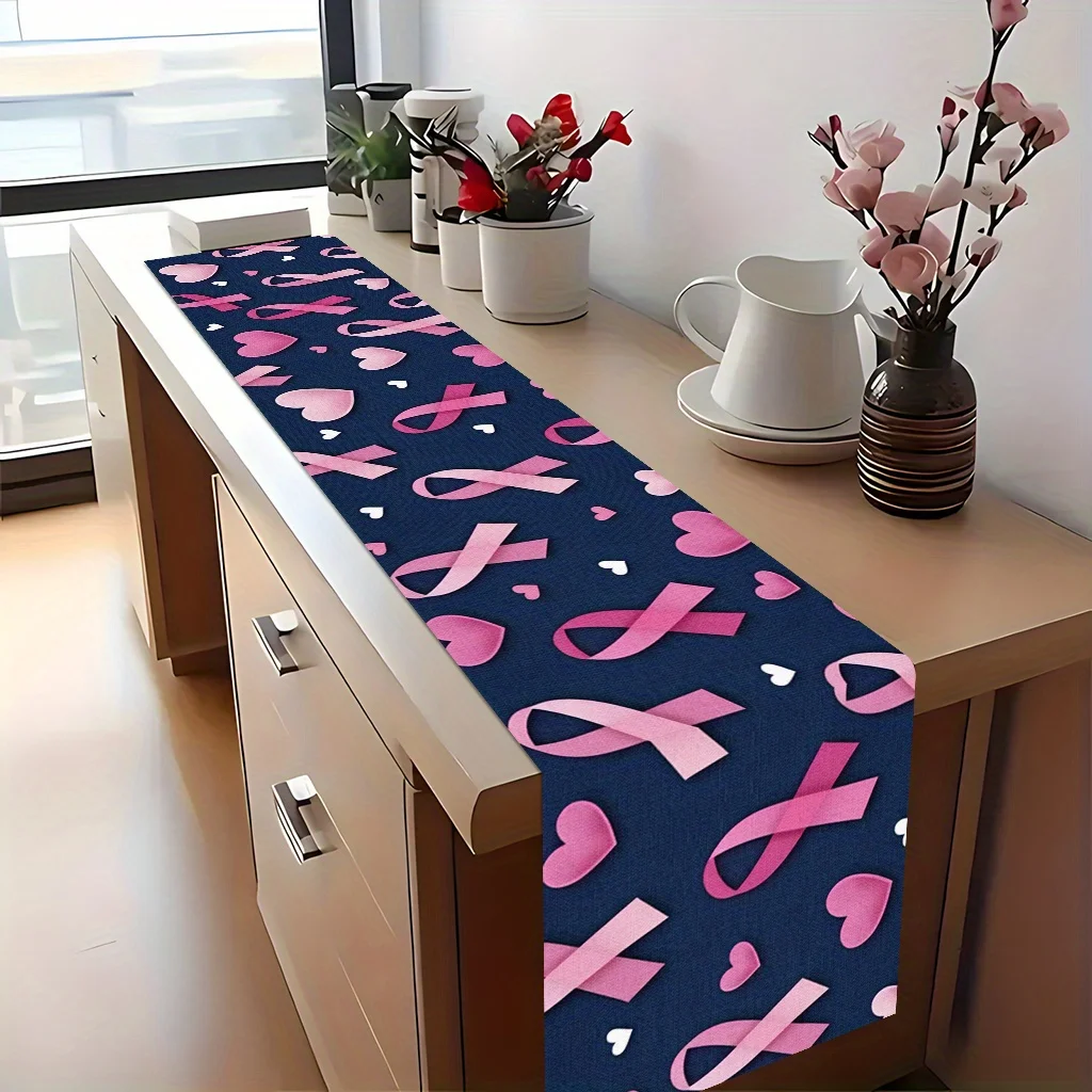 1 pièce Chemin de table en polyester avec ruban rose marine et motif cœur, pour la sensibilisation au cancer du sein, événement caritatif, décoration de table de cuisine et de salle à manger