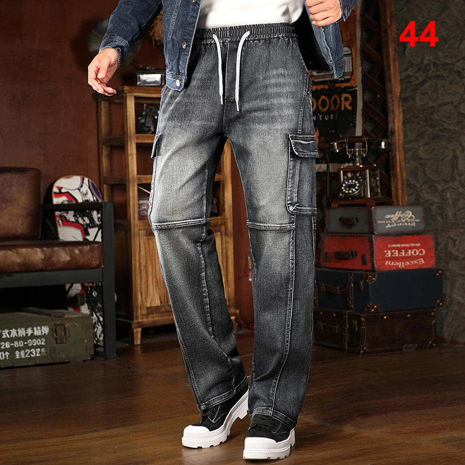 Vintage Moto Biker Jeans Men 44 Plus Size Multi-pocket Cargo Denim Pants Fashion Casual Baggy Jeans Stretch Waist Pants Big Size