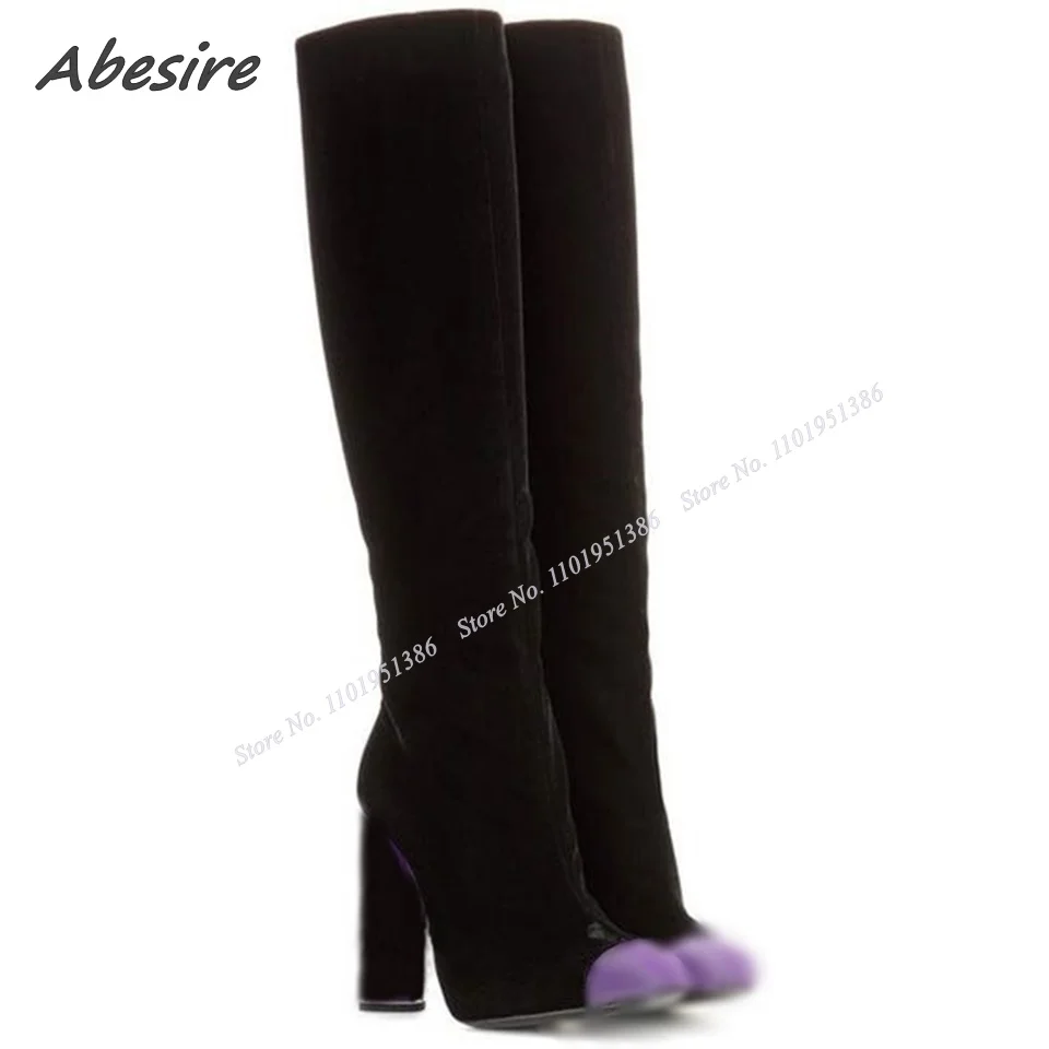 

Abesire Black Purple Toe Suede Boots Chunky Heel Slip on Boots Solid Stiletto Heel Shoes for Women High Heel Zapatillas Mujer