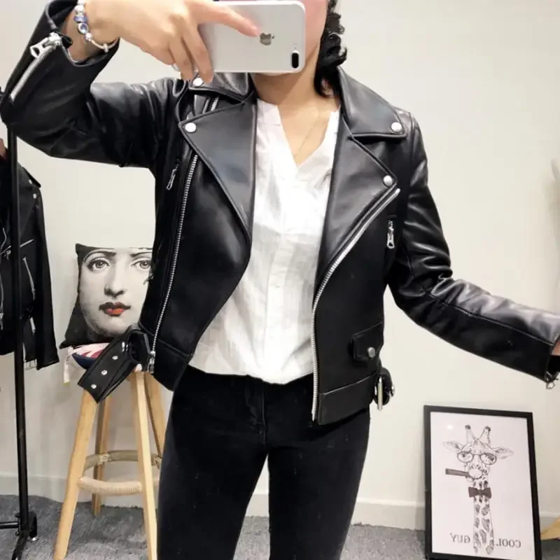 ZCWXM Women Pu Leather Jacket Zipper Belt Short Coat Autumn Female Black Punk Bomber Faux Leather Outwear