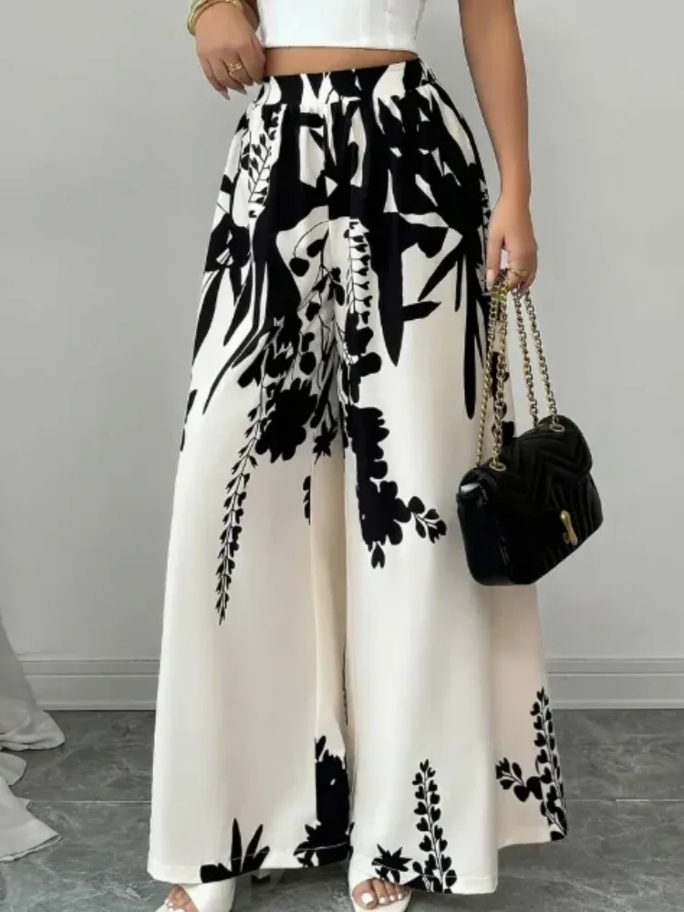 Women Black Ink Floral Print Wide Leg Pants Elastic High Waist Silky Satin Palazzo Trousers Summer Vacation Casual Loose Long Pants Beach Bottoms Vestidos