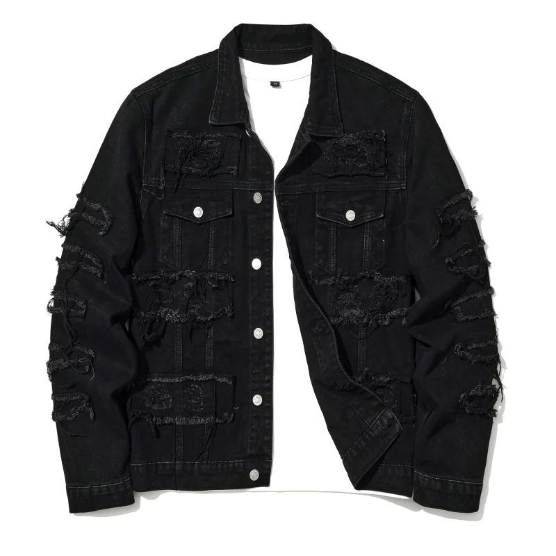 Men's High Street Destroyed Jeans Jacket With Patchwork Fashion Streetwear Ripped Denim Coat For Male Distressed Outerwear