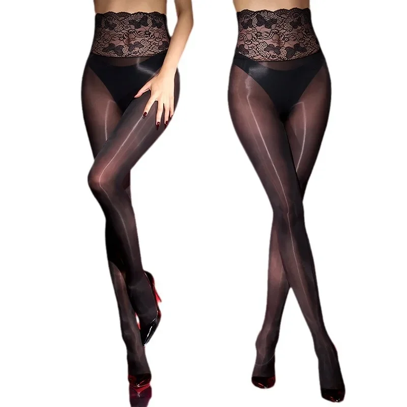 Women Sexy Seamless Sheer Stockings High Waisted Lace Oil Shiny Glossy Pantyhose Silky Smooth Large Size Ladies Jumpsuits Socks