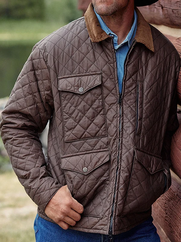 

Men's Retro Cotton Collar Jaet Diamond Pattern Quilted Outerwear Faion Urban Sle Long Sve Zipper Closure Warmth
