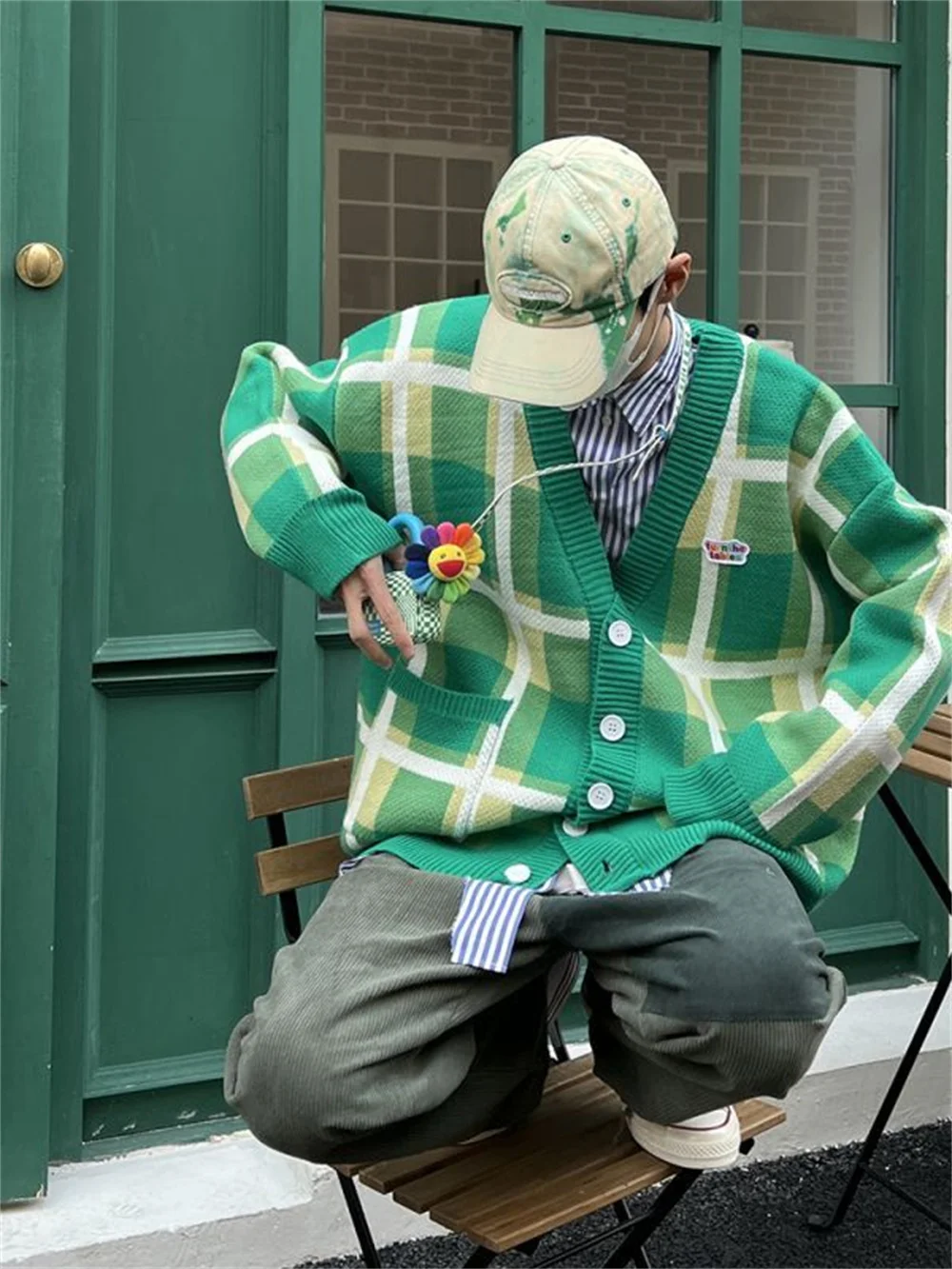 ADO early autumn niche design sense plaid lazy style versatile cardigan sweater men's vintage knit jacket
