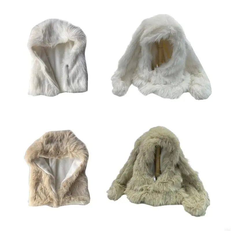 

49MC Furry Plush Hooded Hat Adult Unisex Balaclava Hat Lovely Novelty Rabbit Ear Beanie Y2K Teens Girl Winter Warm Skull Hat