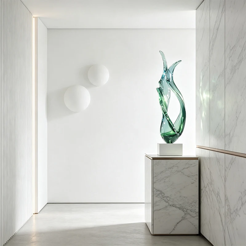 *#Q Hand-painted Artistic Intertwined Human Profile Transparent Resin Floor Statue Gradient Green Crystal Texture Home&