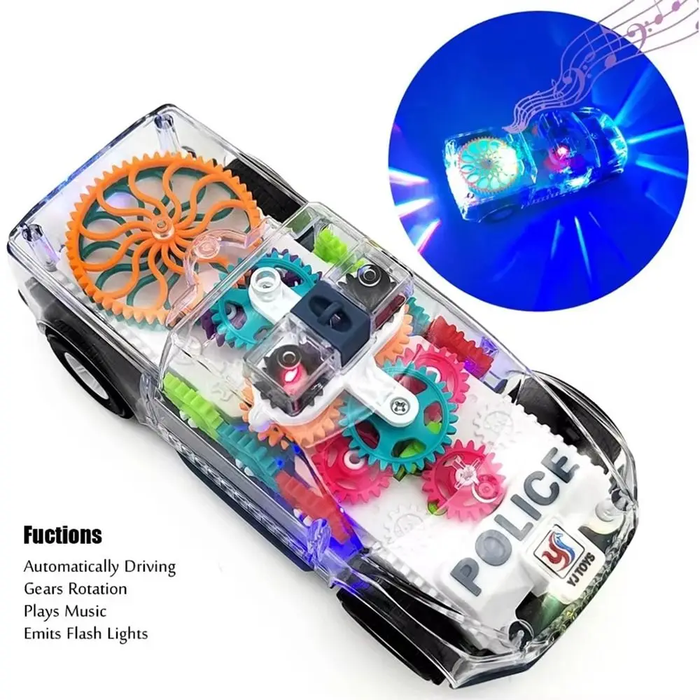 1Pcs New Spinning Gears Light Up Car LED Lights Music Transparent Police Car Colorful with Universal Wheels Car Model for