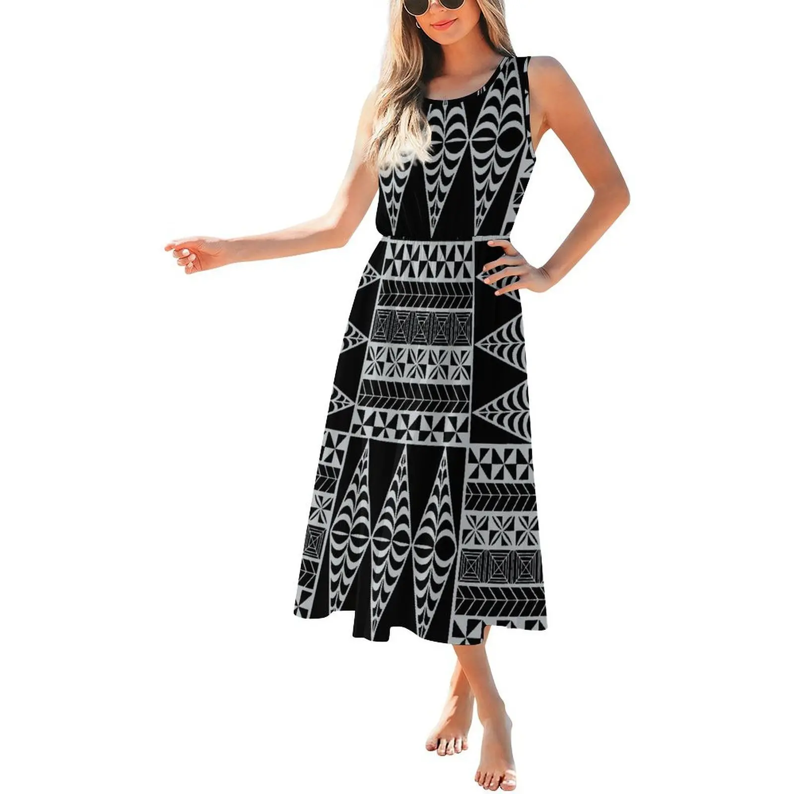 Polynesian Custom-Made Dress With A Round-Neck Sleeveless Cinched Waist And High-Quality Patterned Design For Women