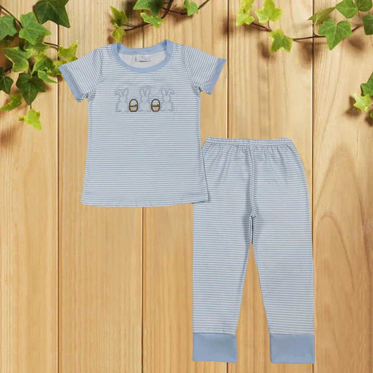 12.1 أرنب عيد الفصح سلة البيض الأزرق المشارب الأطفال بيجامة مجموعة قصيرة الأكمام السراويل الطويلة ملابس خاصة مع التطريز للأطفال