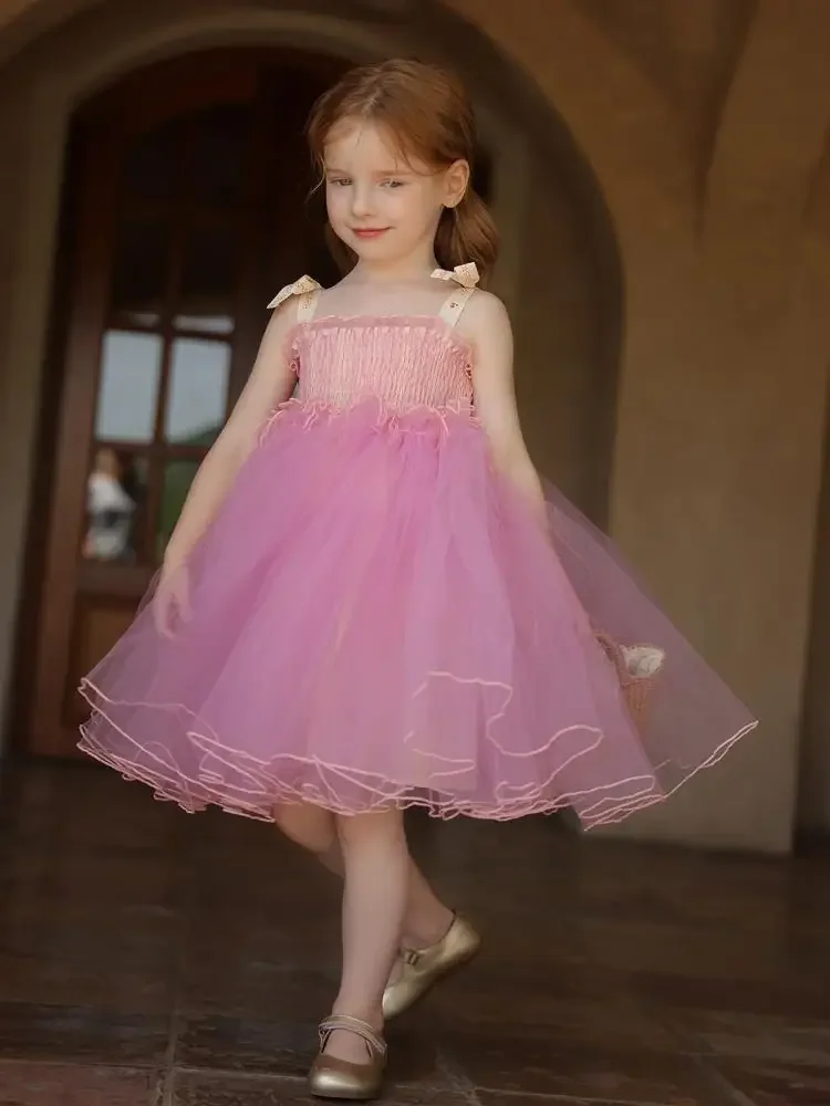 

2025 Girl Dress Tulle Princess Sleeveless Sweet Fluffy Boutique Clothing Matching Children's Birthday Party Vestidos