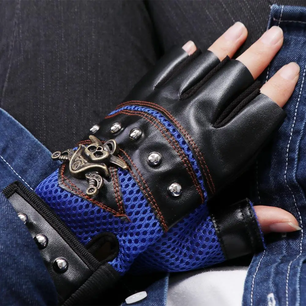 Driving Men Women Fingerless Punk PU Leather Rivet Cycling Gloves Half Finger Gloves Motorcycle Gloves Skulls Gloves