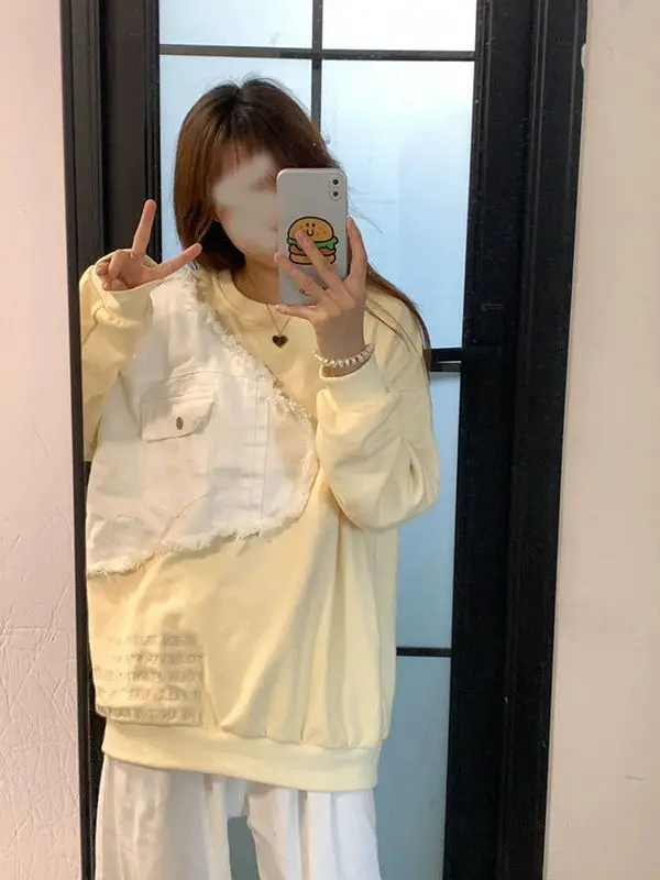 

Свитшот больших размеров в японском стиле Харадзюку с джинсовыми вставками и круглым вырезом, весенне-осенний, с длинными рукавами, топ с капюшоном