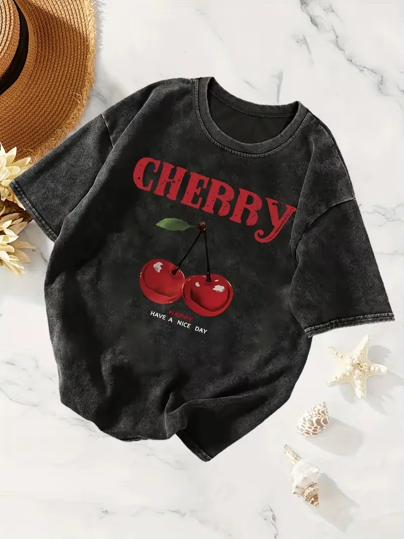 Red Cherry Printed T-shirt Ladies' Daily Casual Round Neck T-shirt Washed T-shirt Unisex Summer Streetwear