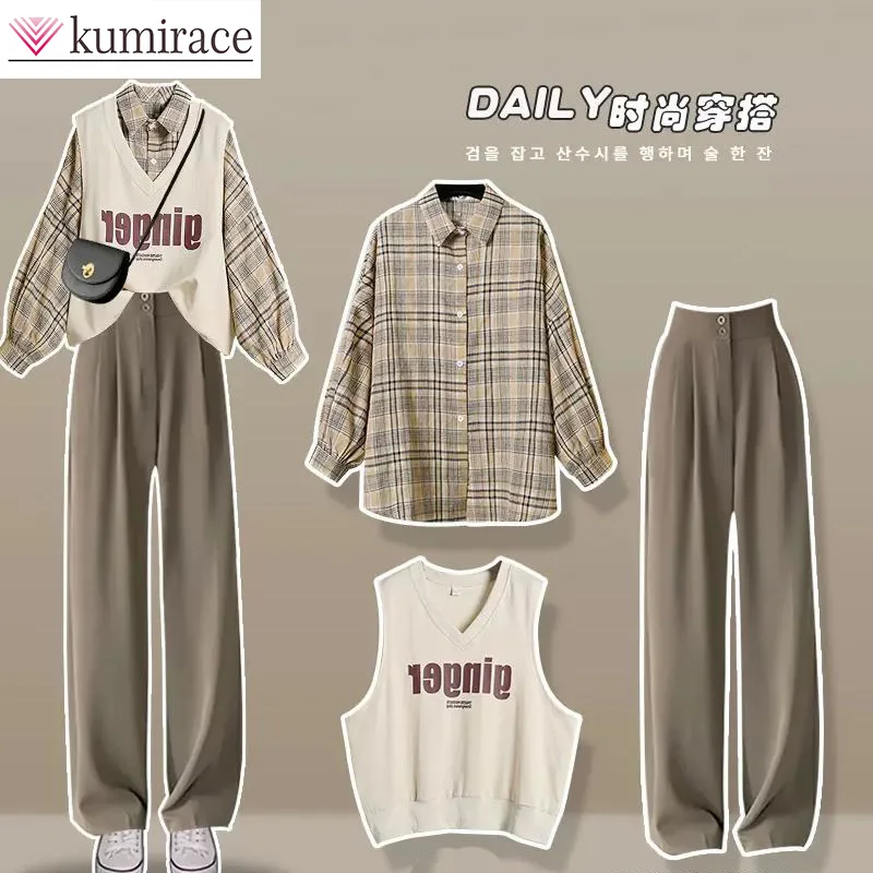 2023 Early Autumn Set Female Student Korean Loose Long Sleeve Checked Shirt+Vest+Wide Leg Pants Three Piece Set Two Piece Sety