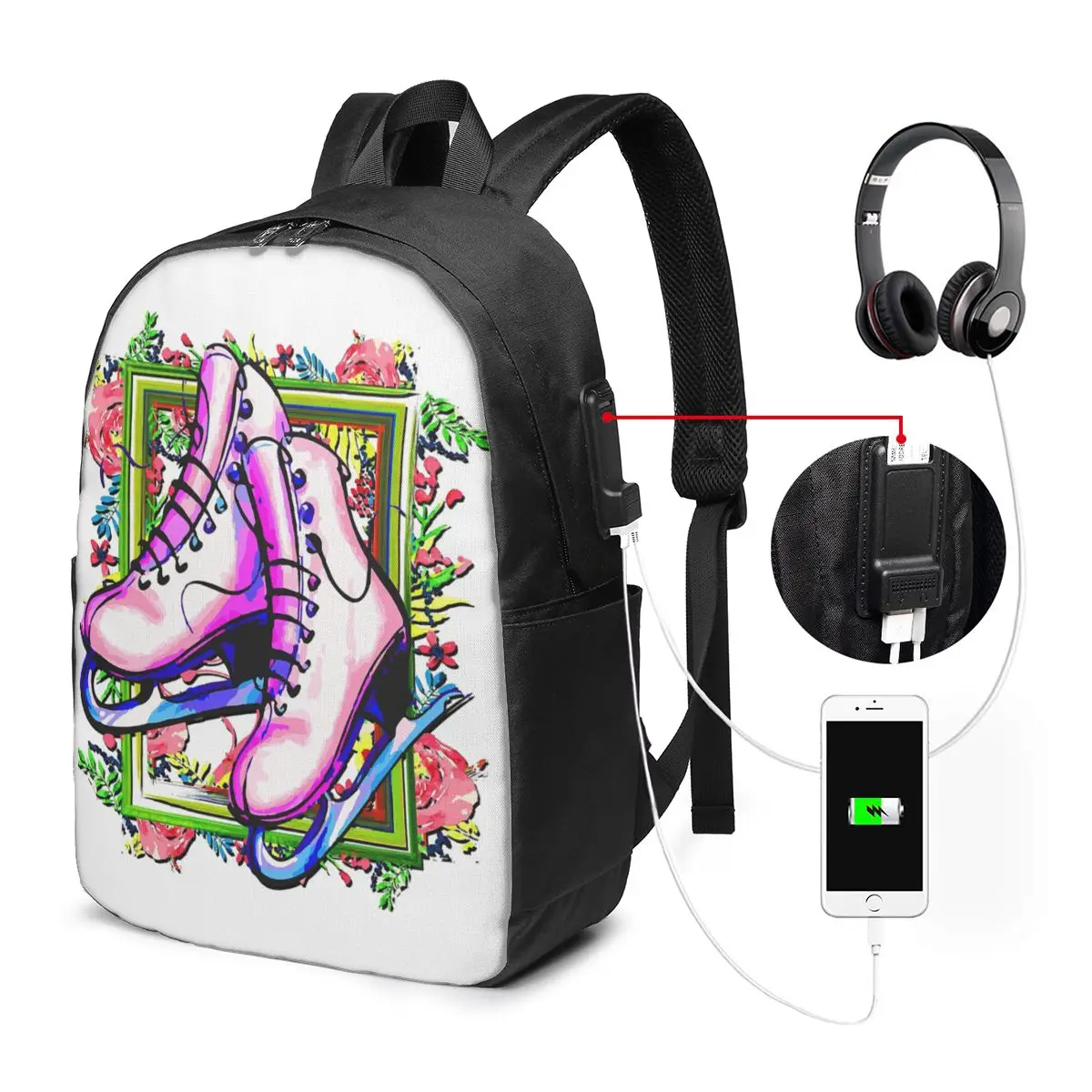 Pink Ice-Skating Skates Backpack Travel Notebook Bag Computer College Student School Bag Laptop Shoulder Bags for Men Women