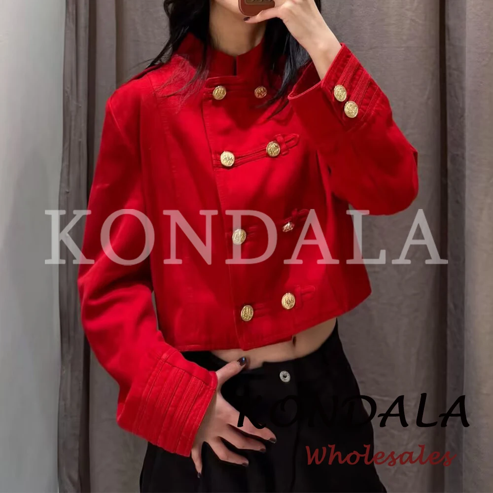 KONDALA Vintage Streetwear Solid Spring Women Jacket Red Fashion 2026 Double Breasted High Street Chic Female Short Outwears