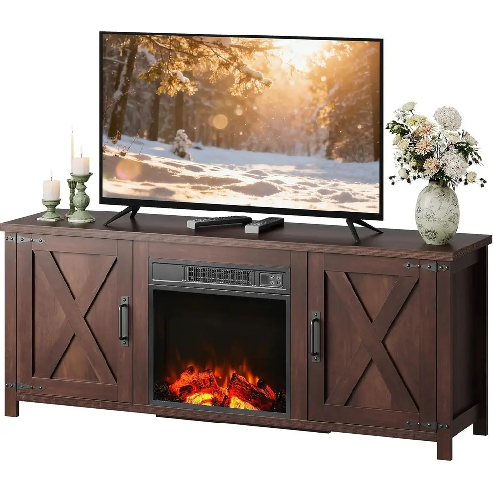 

65 TV Stand: X-Shaped Barn Door Entertainment Center, Storage Cabinet, Media Console for Living Room, Brown