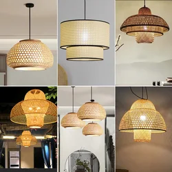 Natural Hand-Woven Bamboo Lantern Pendant Lamp Rattan Wicker Retro Restaurant Hanging Light Handmade Lampshade E27 Light Fixture