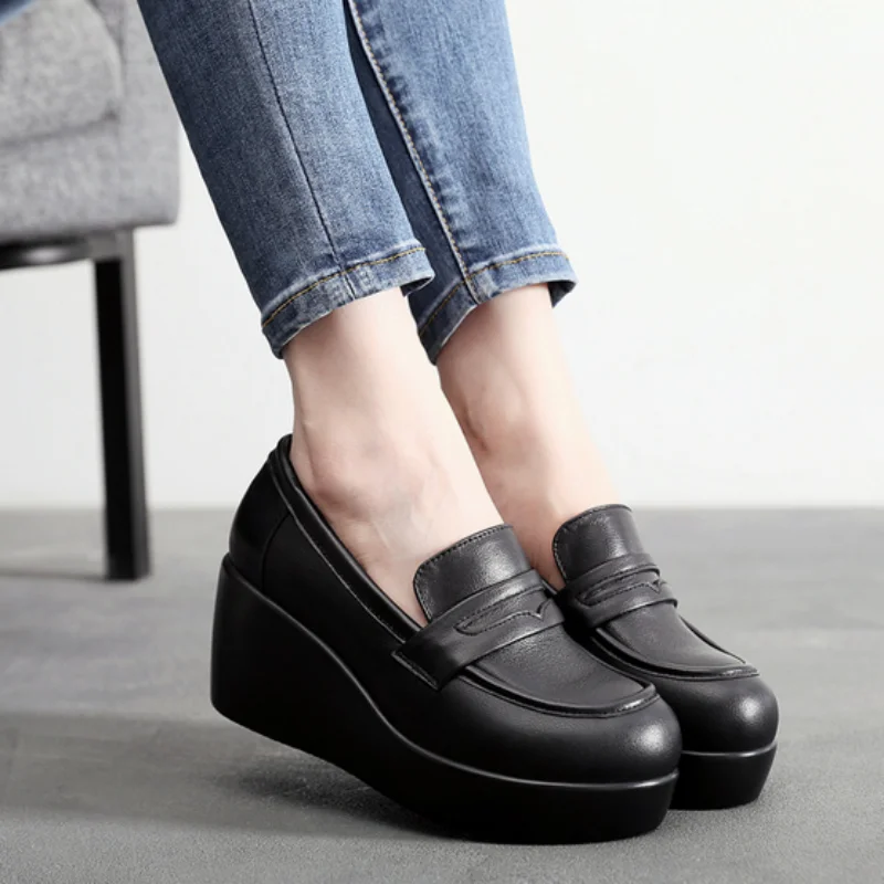 ZXRYXGS 2025 New Autumn Genuine Leather Shoes Woman Thick Sole Increase Shoes Retro Casual Shoes Wedges High Heels Women Shoes