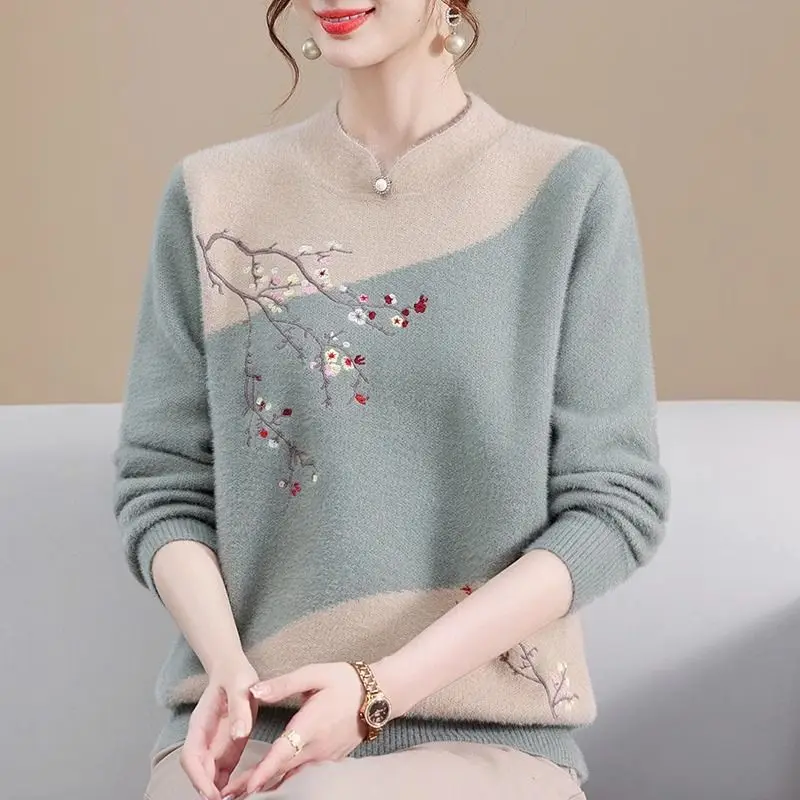 Autumn Winter Temperament Elegant Sweaters Chic Loose Soft Wool Warm Pullovers Women Vintage Embroidery Knit Jumper JJ285