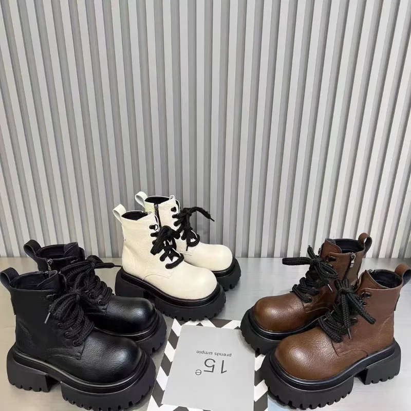 

2025 Spring and Autumn New Thick Bottom Sponge Cake Soft Leather Tall Head Short Boots for Women