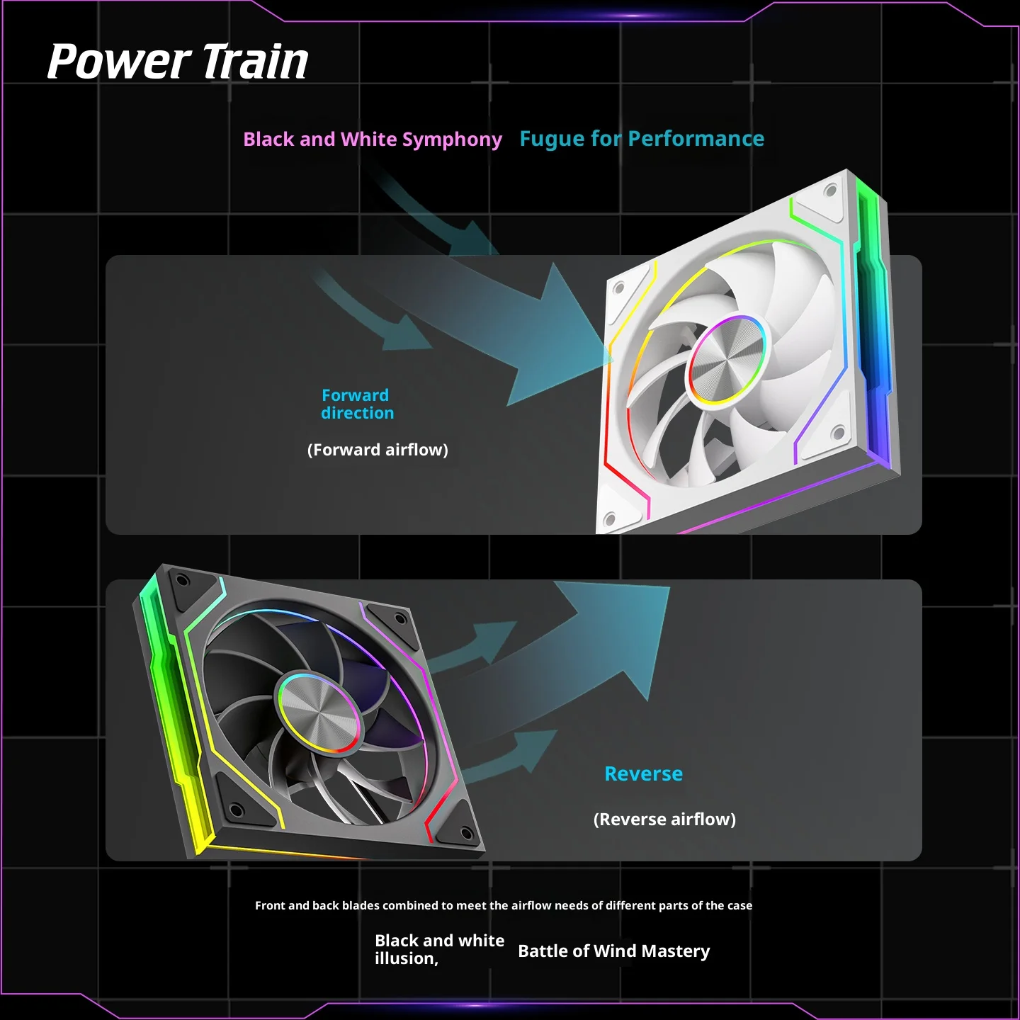 Power Train PRISM 9 PRO Computergehäuselüfter 12 cm ARGB 4-poliger PWM-Leiser Lüfter 12 V großes Luftvolumen 61,5 CFM/800–1800 U/min