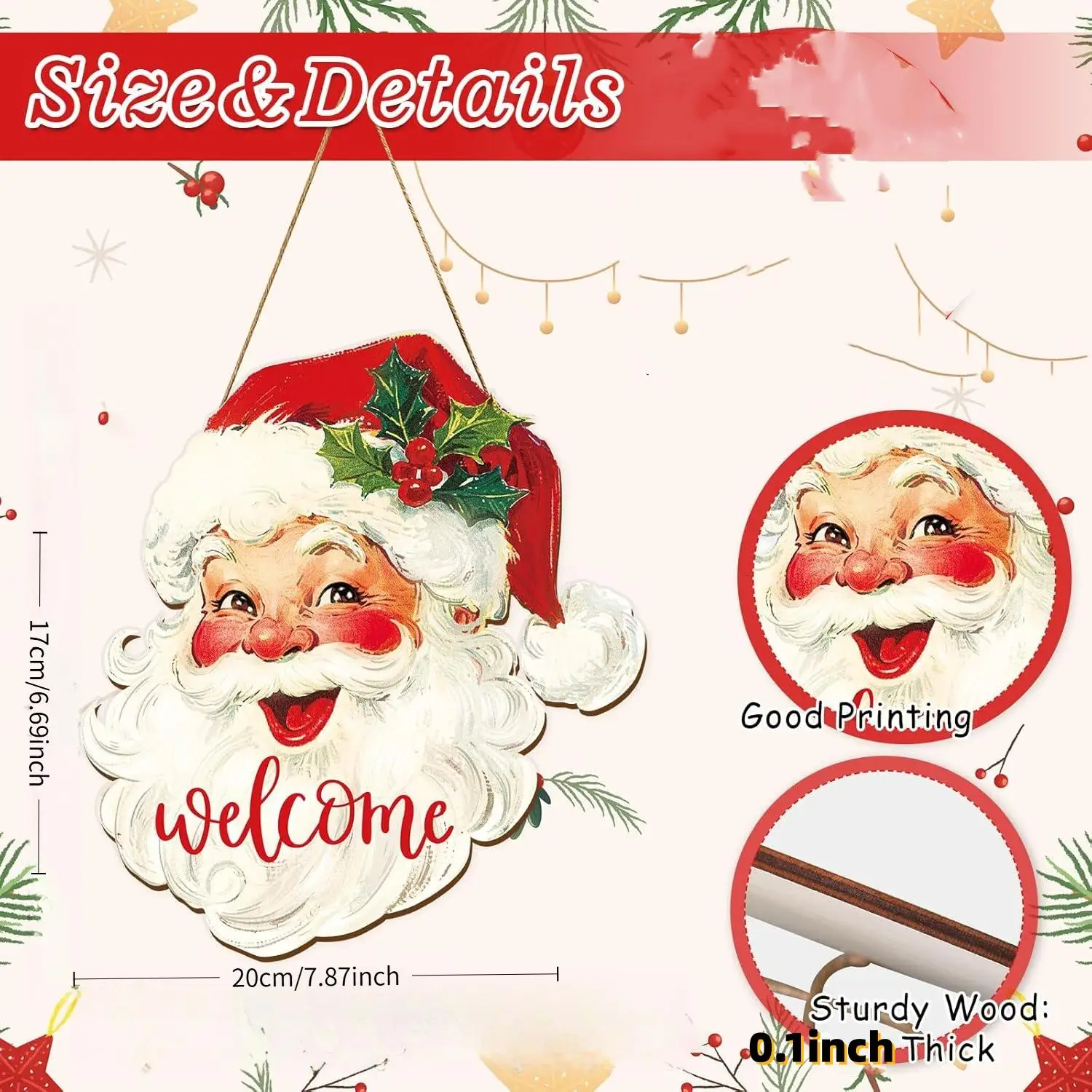 Retro Vintage Santa Head Welcome Wooden Hanging Sign Christmas Holly Decor Plaque Farmhouse Front Door Wall Art Xmas Holiday Hom