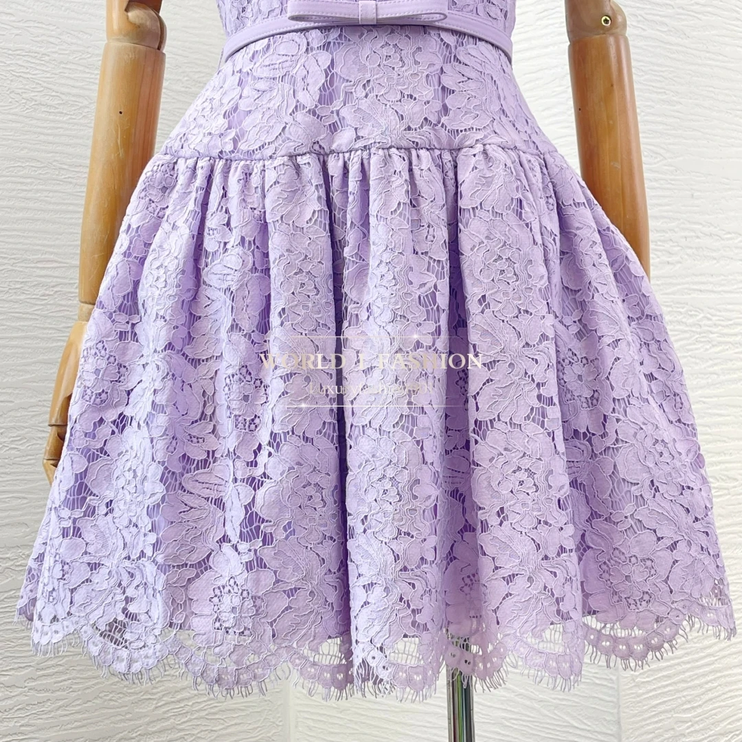

2025 Women's Fashion Violet Purple Lace Patchwork Sleeveless Pleat Mini Dress