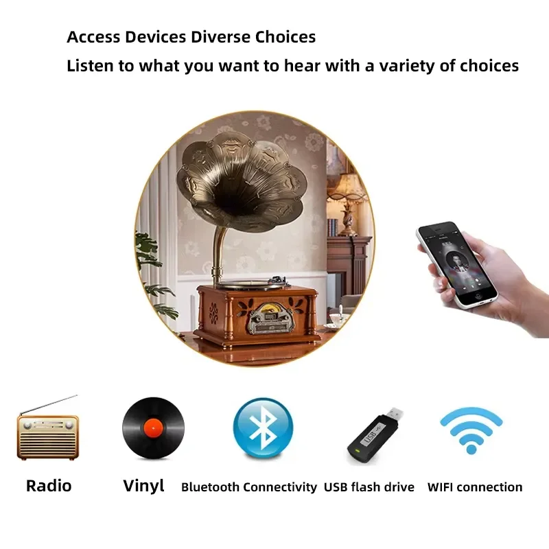 Retro Phonograph Turntable with Copper Horn Built-in Speaker LP Player All-in-One Nostalgic Design 3.5mm Audio Output