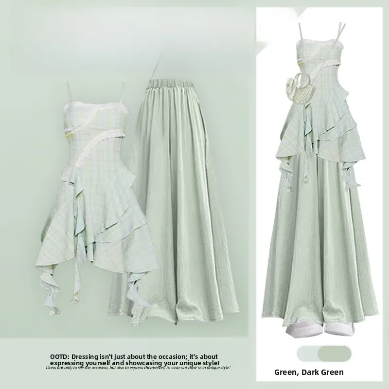 Elegant Summer Outfit Women's Design Sense Lace Trim Strap Dress with Lazy Style Slimming Skirt Pants Two Piece Set