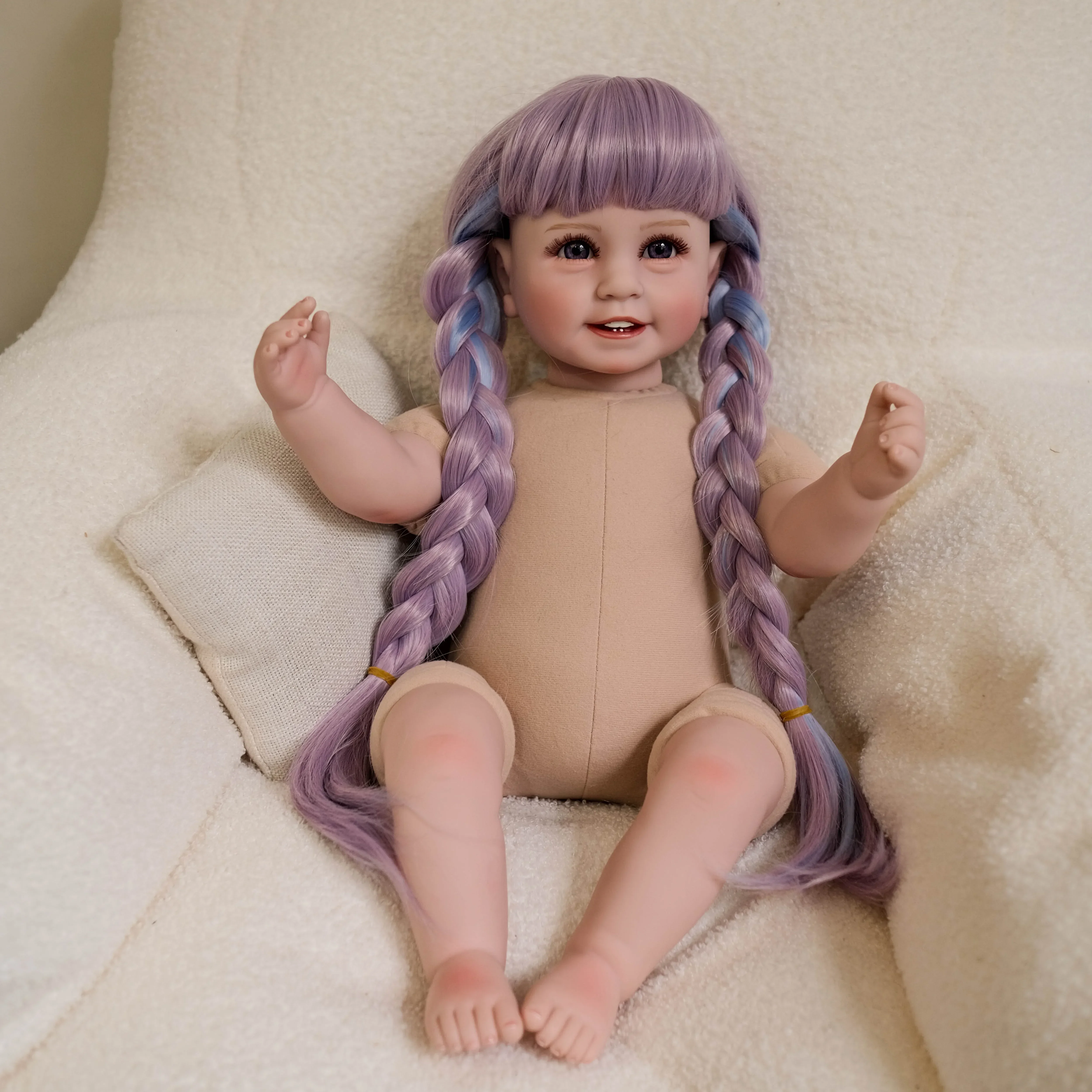 55CM Smile Sleeping Nude Doll Soft Cloth Body Lifelike Reborn Toddler Pasted Colored Wig Hair Cuddly Baby Girl Doll Baby