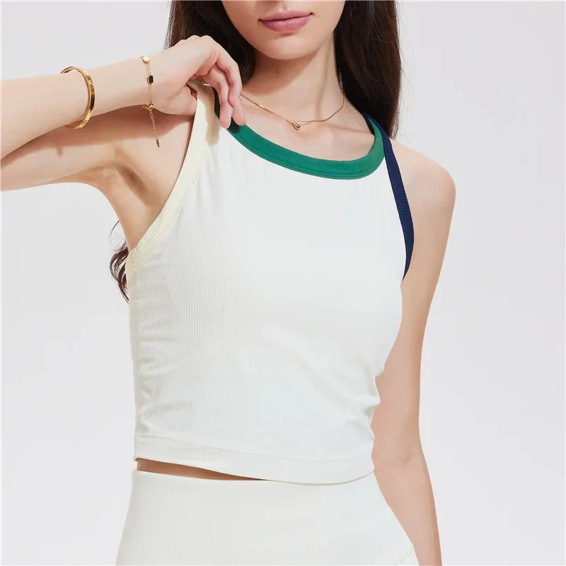 Women's Color Blocking Sports Vest Yoga Tank Top with Chest Pads Fitness Pilates Sport Bra Training Underwear Tennis Shirt Top